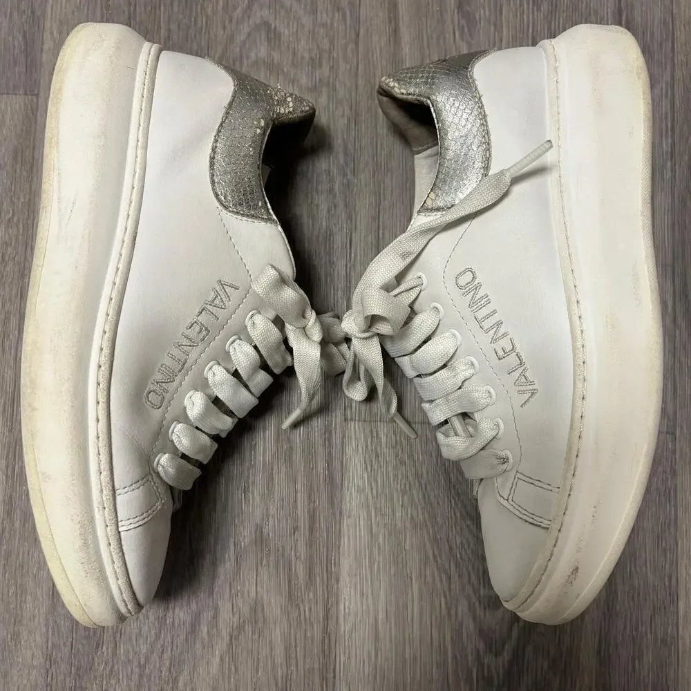 Valentino Fresia Snakeskin Embossed Trim Leather Platform Sneakers Size 8